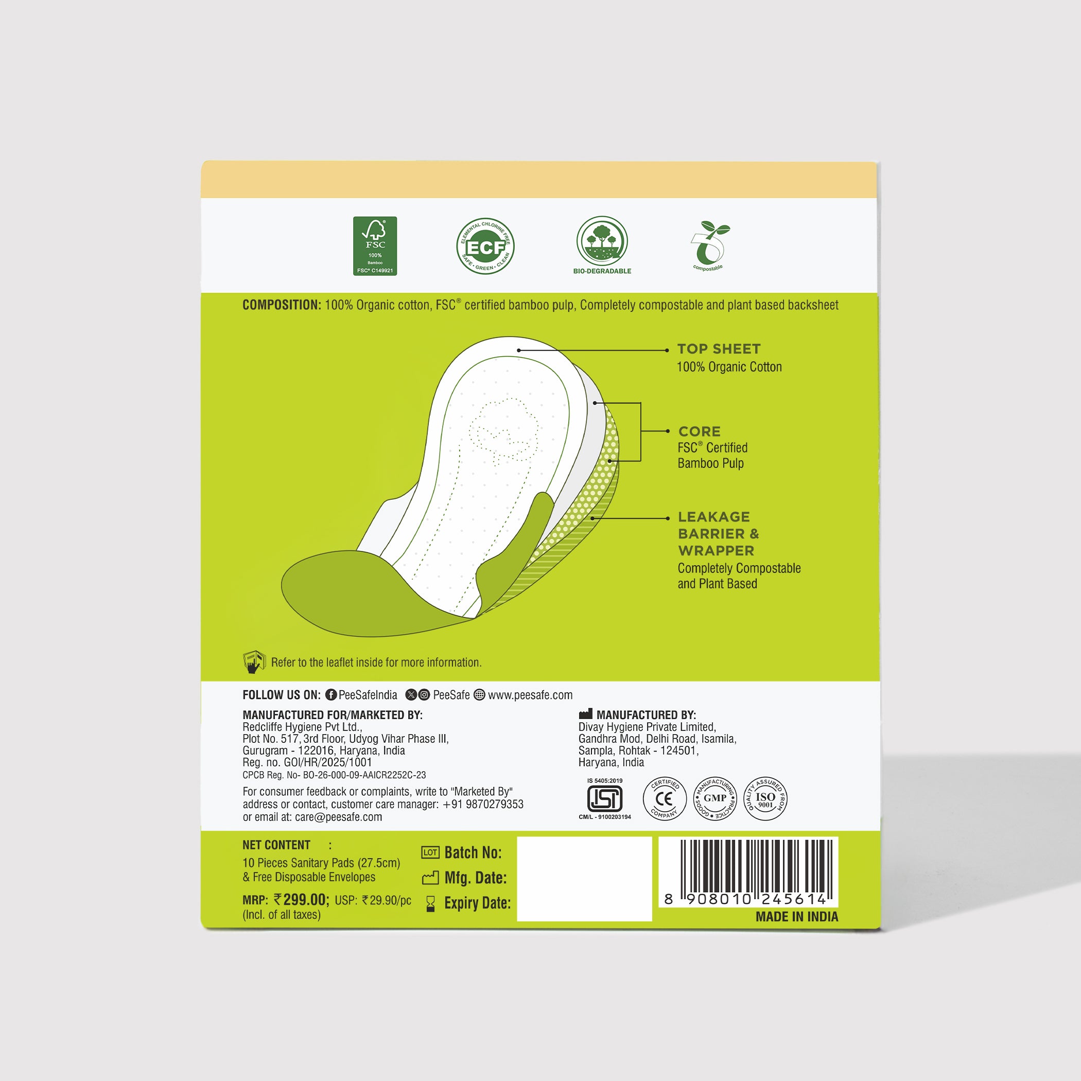 Pee Safe Biodegradable Sanitary Pads - Regular (Pack of 10)