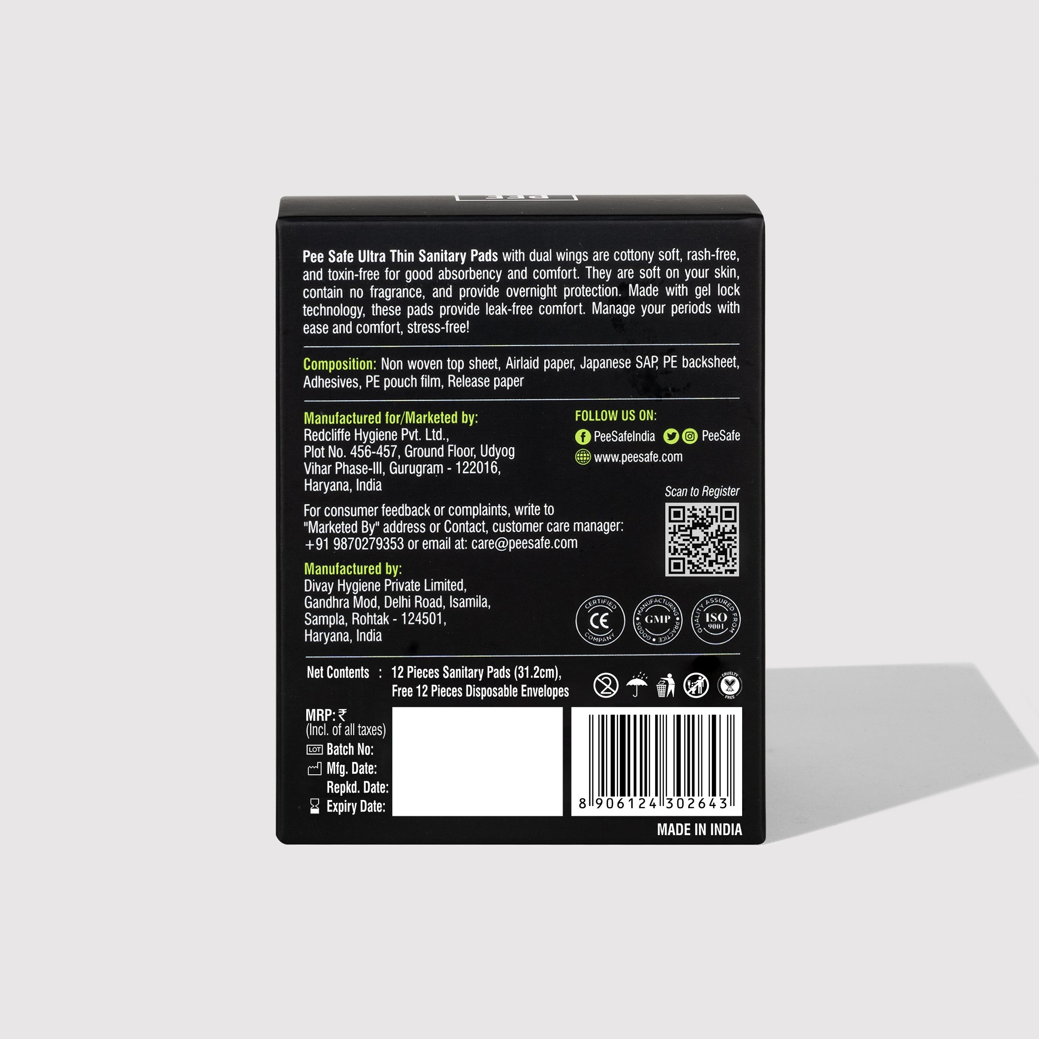 Pee Safe Ultra Thin Sanitary Pads - XXL (12 Pads) - BYOC