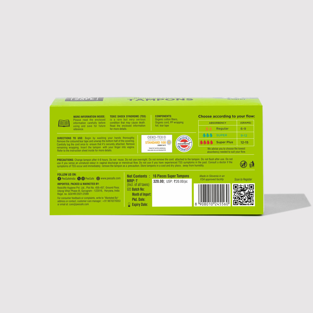 Pee Safe Biodegradable Tampons- Super (16 Tampons) -BYOC
