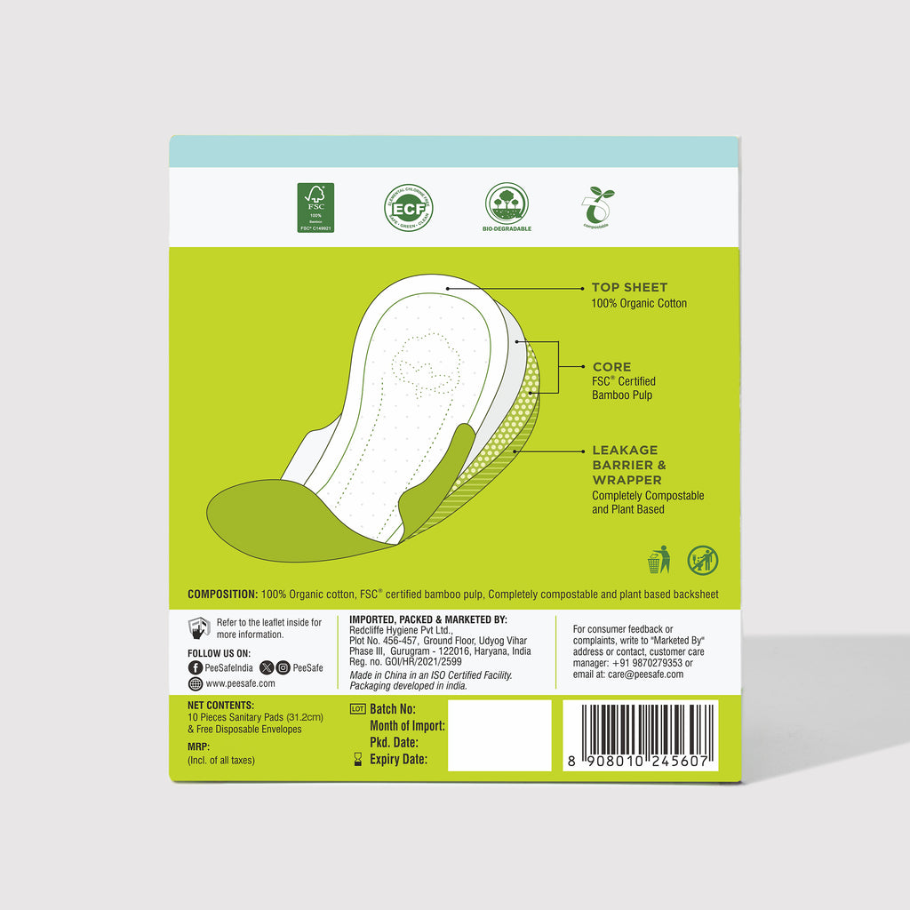Pee Safe Biodegradable Sanitary Pads - Overnight (Pack of 10)