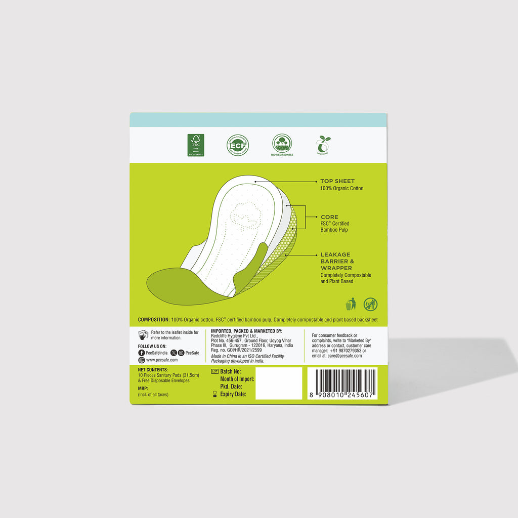 Pee Safe Biodegradable Sanitary Pads - Overnight (Pack of 10) BYOC