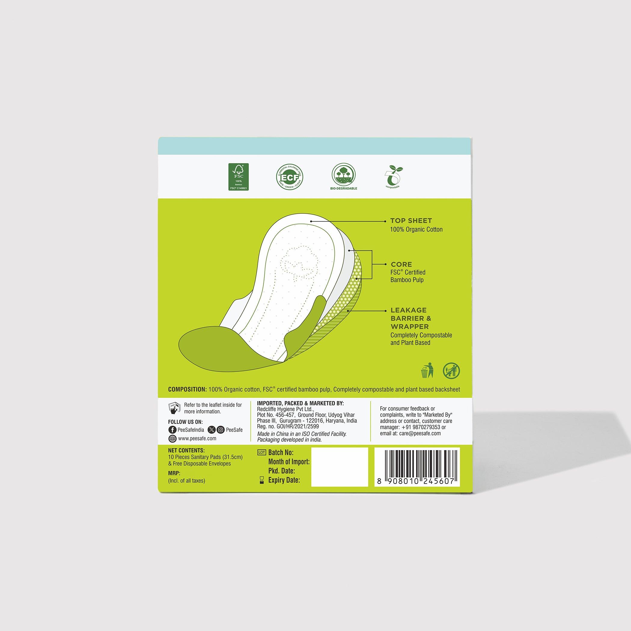 Pee Safe Biodegradable Sanitary Pads - Overnight (Pack of 10) BYOC