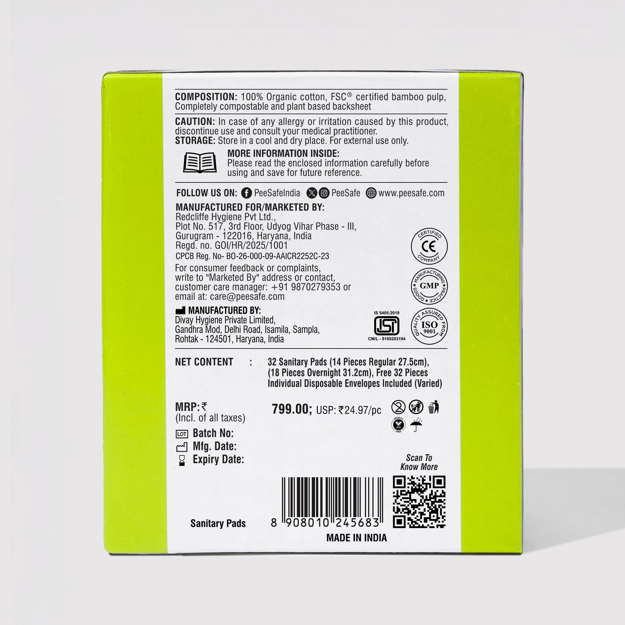 Pee Safe Biodegradable Sanitary Pads - Subscription Pack (Pack of 32)