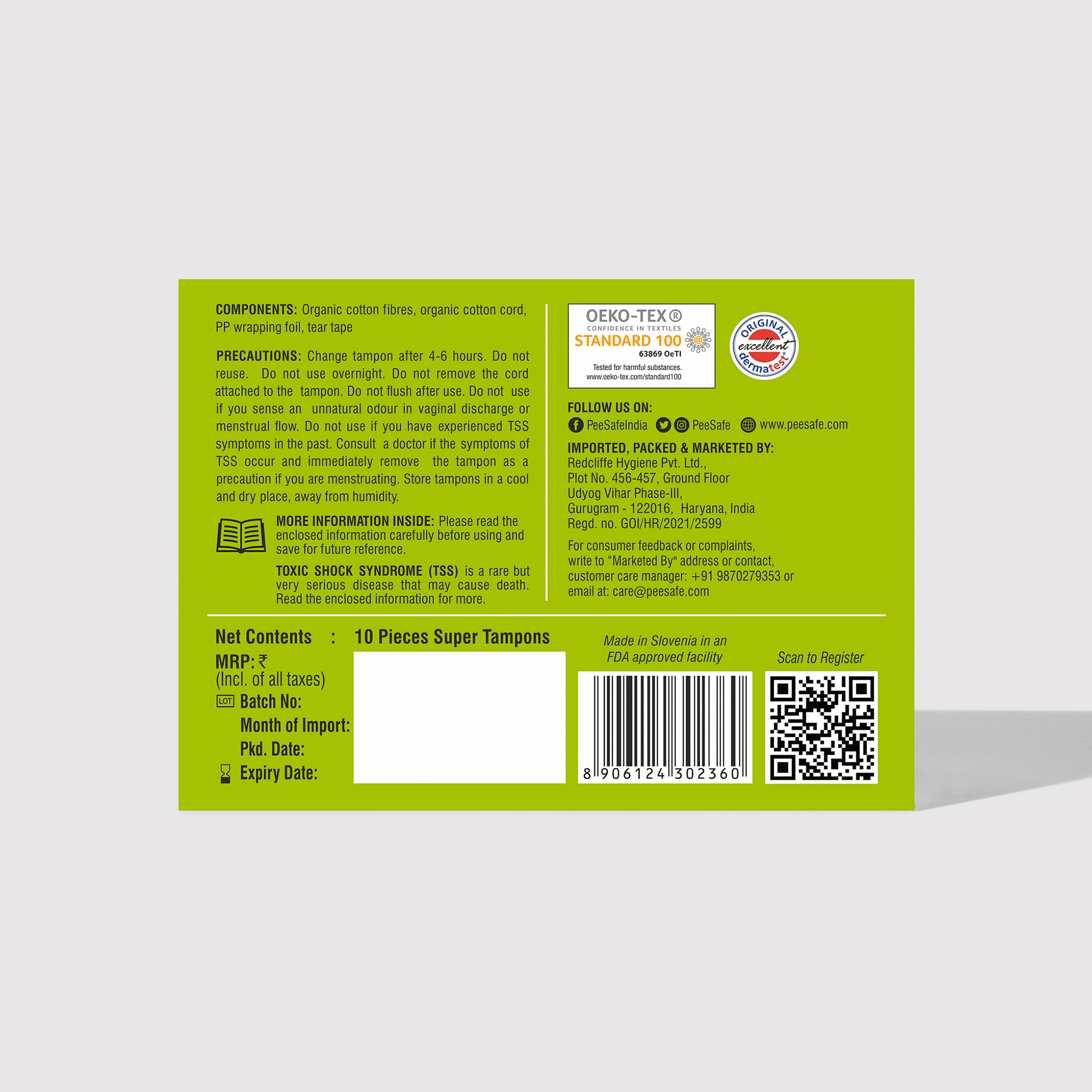 Pee Safe Biodegradable Tampons- Super (10 Tampons) - BYOC