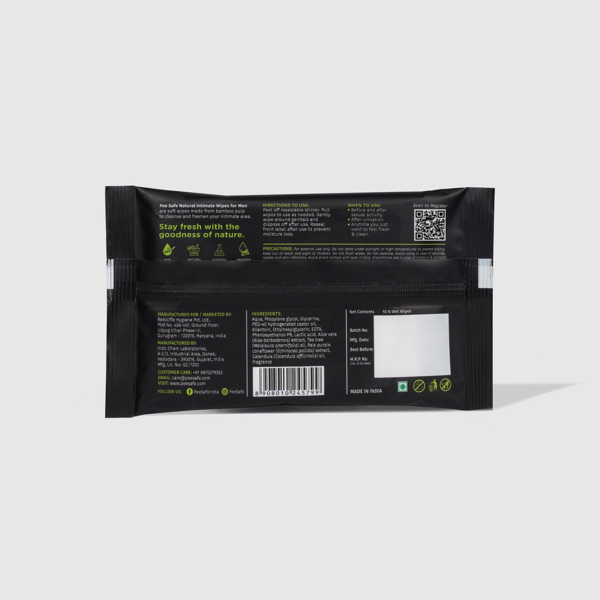 Pee Safe Natural Intimate Wipes For Men (40N) - BYOC