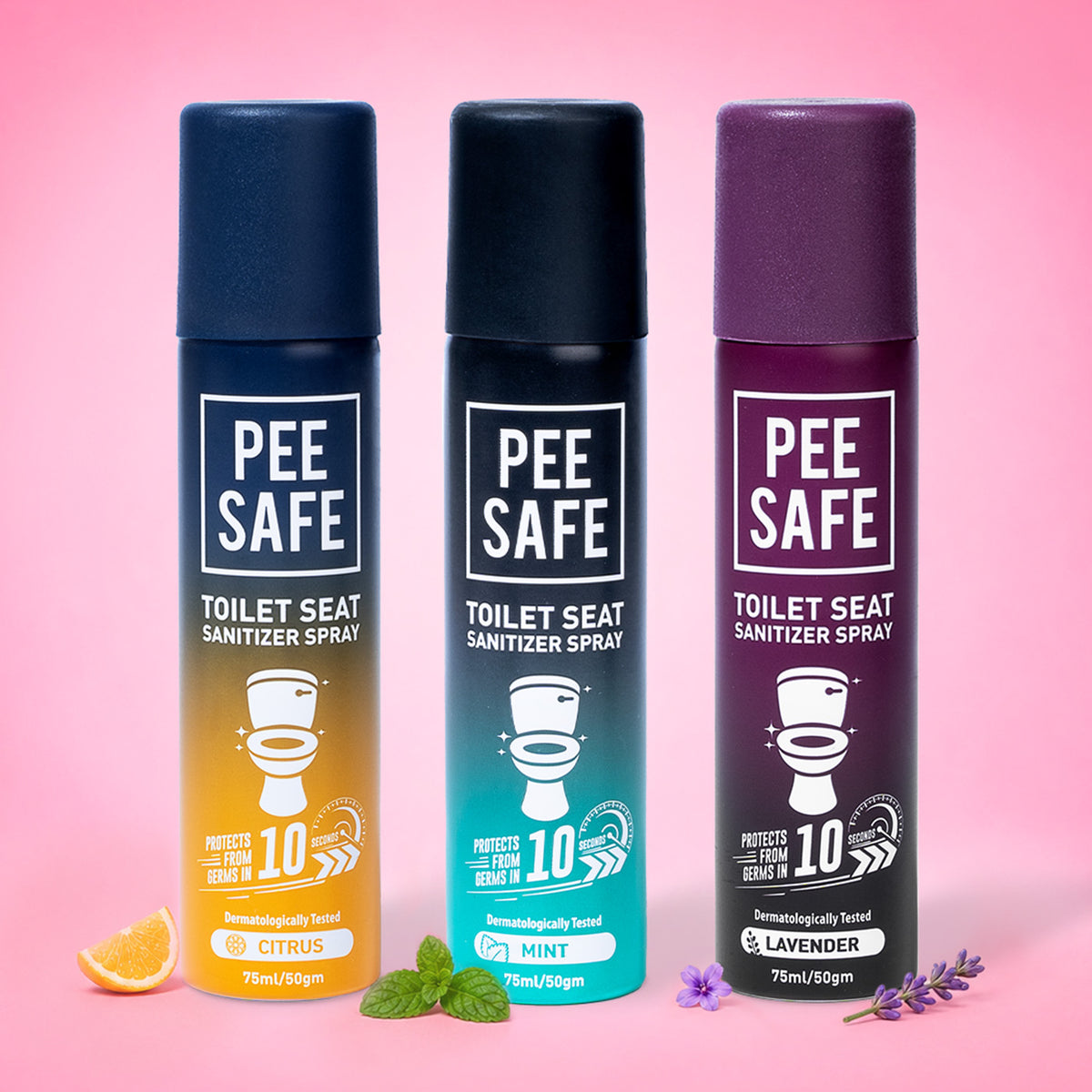 Pee Safe Toilet Seat Sanitizer Spray (Mint, Lavender & Citrus) - 75 ML (Pack of 3)