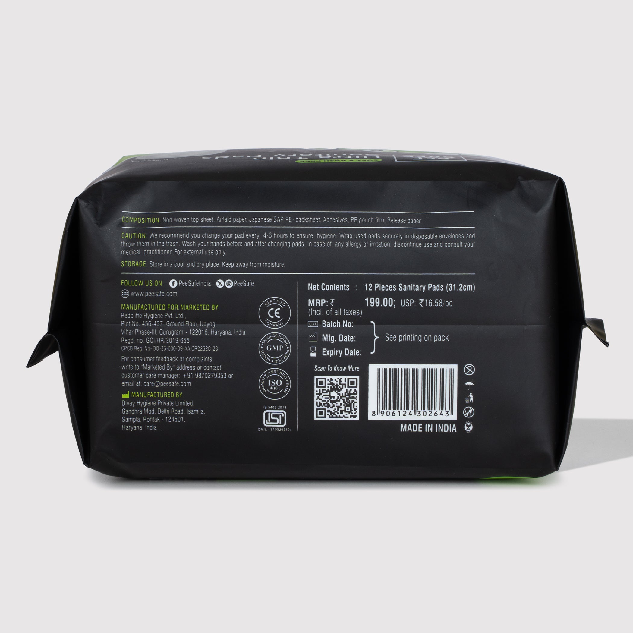 Pee Safe Ultra Thin Sanitary Pads - XXL (12 Pads) - BYOC
