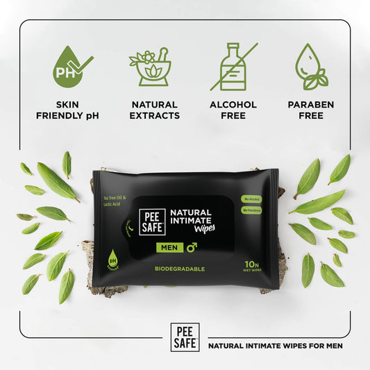 Tea Tree & Witch Hazel Natural Intimate Wipes for Men (10 Wipes) - Pee Safe